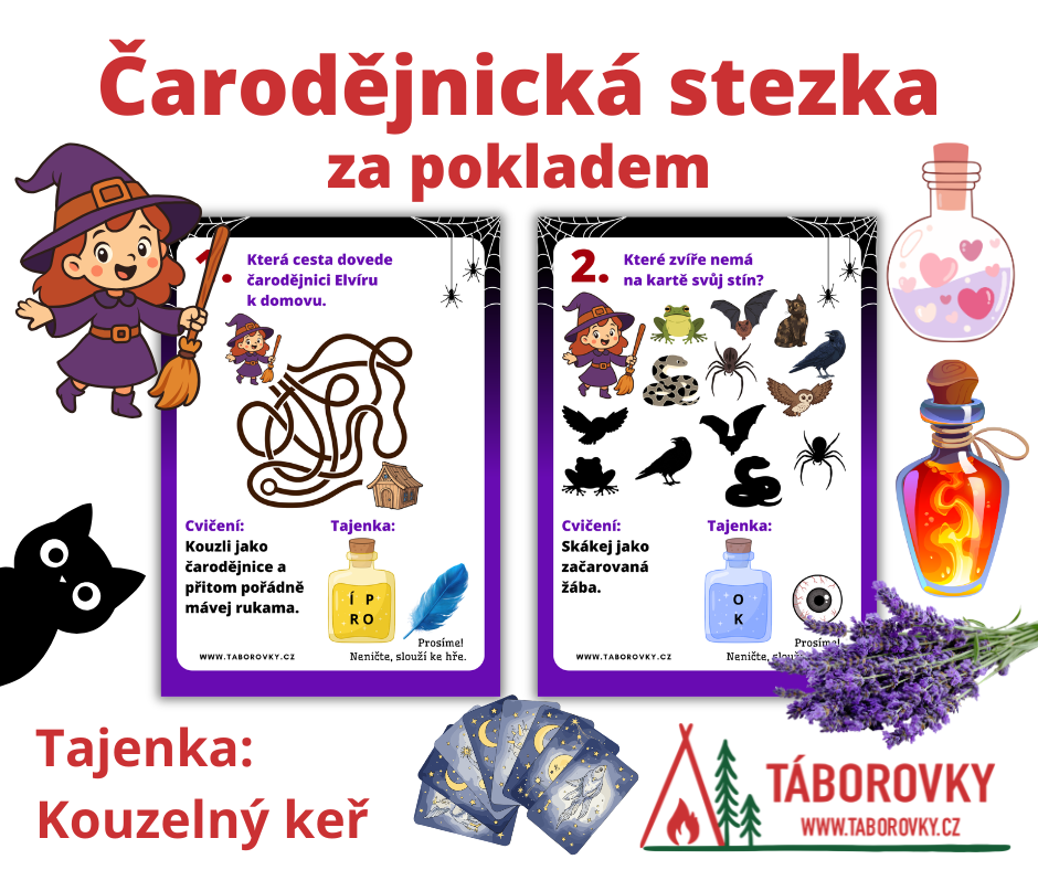 čarodějnická stezka plná úkolů a luštění která děti zavede až k pokladu